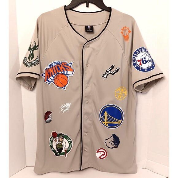 Vtg NBA Jersey Shirt Men M Tan All Over Print Patchwork Lakers Bulls Knicks Heat - Picture 1 of 11